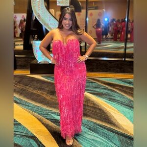 💖 Hot Pink Fringe Sequin Strapless Gown – Size M – Worn Once